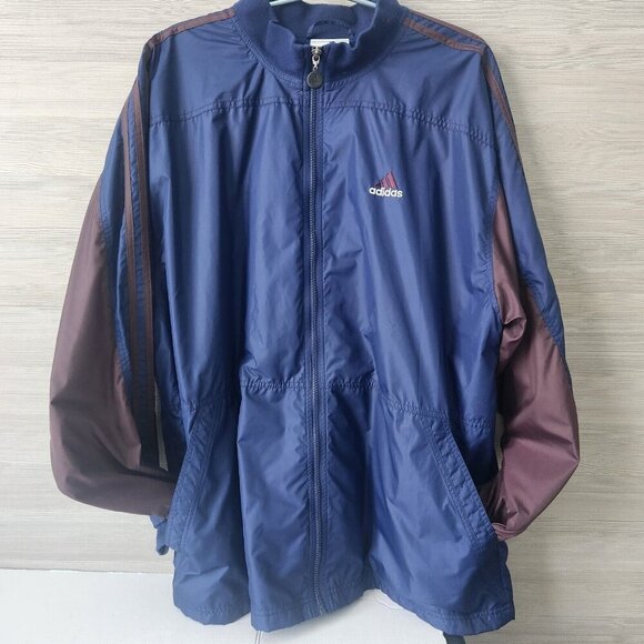 Adidas Mens Windbreaker Vintage Retro Jacket Size XL Blue Burgundy Full-Zip 90s - Picture 1 of 16